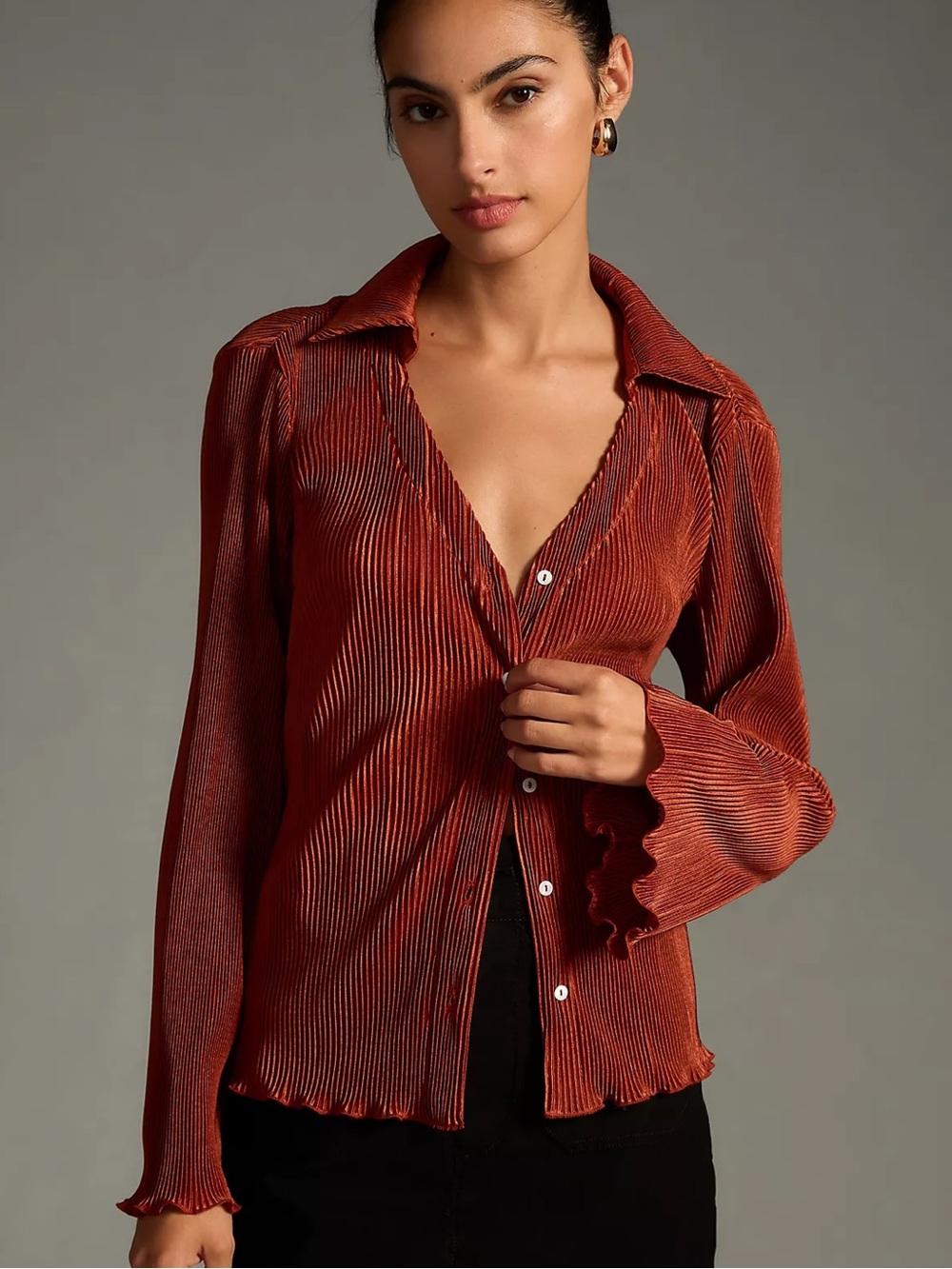 Anthropologie Dolan Lettuce-Hem Buttondown Top Terracotta Rust Brown